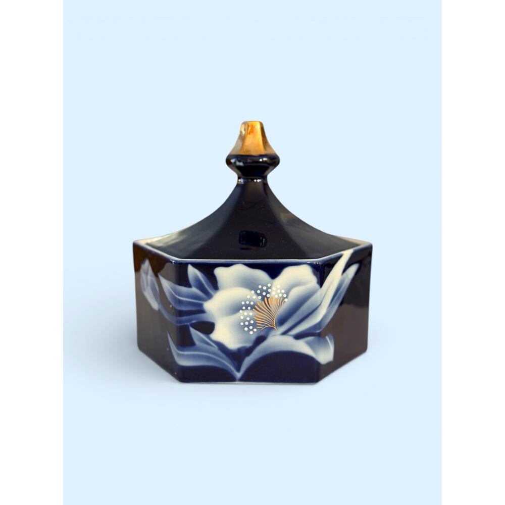 Japanese Fukagawa Style Cobalt Blue Porcelain Trinket Box – White Floral Design